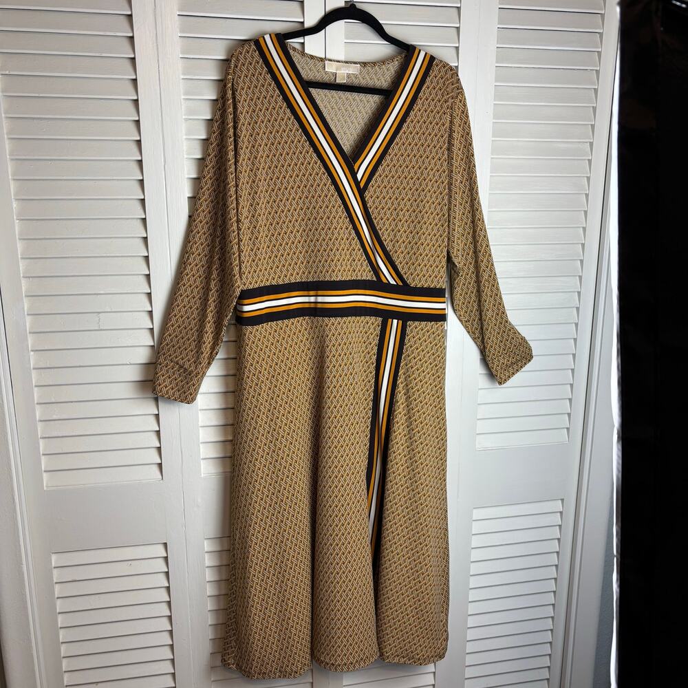 Michael Kors Womens Border Print Faux Wrap Dress, Marigold, Preloved Size 1X